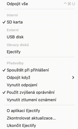 The Ejectify menu bar menu showing its configuration options.
