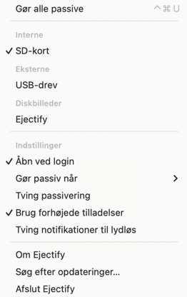 The Ejectify menu bar menu showing its configuration options.