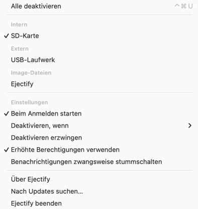 The Ejectify menu bar menu showing its configuration options.