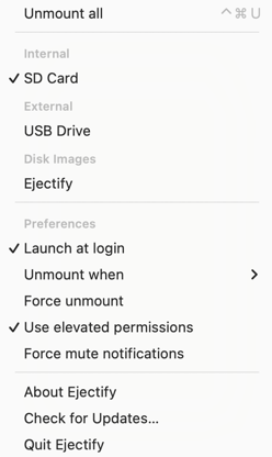 The Ejectify menu bar menu showing its configuration options.