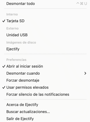 The Ejectify menu bar menu showing its configuration options.