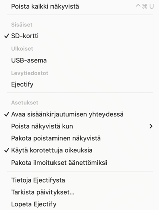 The Ejectify menu bar menu showing its configuration options.