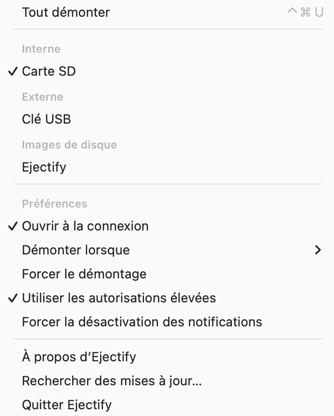 The Ejectify menu bar menu showing its configuration options.
