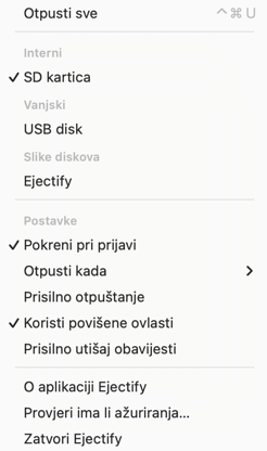The Ejectify menu bar menu showing its configuration options.