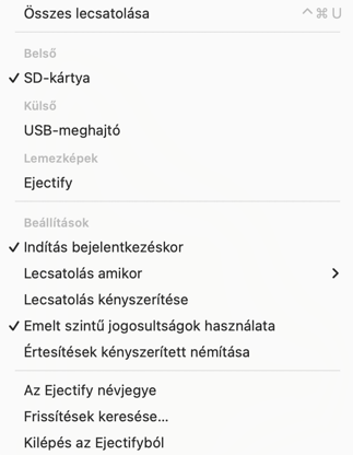 The Ejectify menu bar menu showing its configuration options.