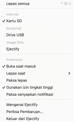 The Ejectify menu bar menu showing its configuration options.