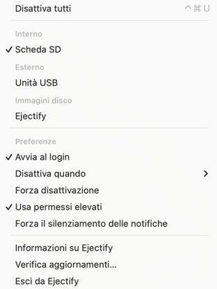 The Ejectify menu bar menu showing its configuration options.