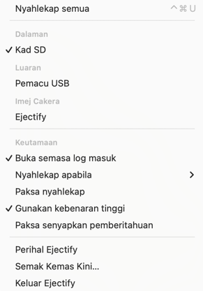 The Ejectify menu bar menu showing its configuration options.