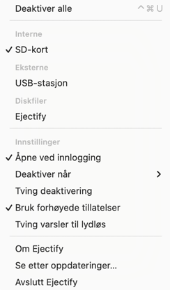 The Ejectify menu bar menu showing its configuration options.