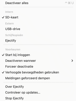 The Ejectify menu bar menu showing its configuration options.