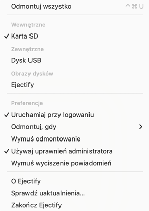The Ejectify menu bar menu showing its configuration options.