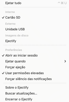 The Ejectify menu bar menu showing its configuration options.