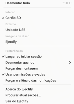The Ejectify menu bar menu showing its configuration options.