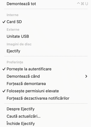 The Ejectify menu bar menu showing its configuration options.
