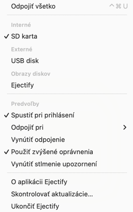 The Ejectify menu bar menu showing its configuration options.