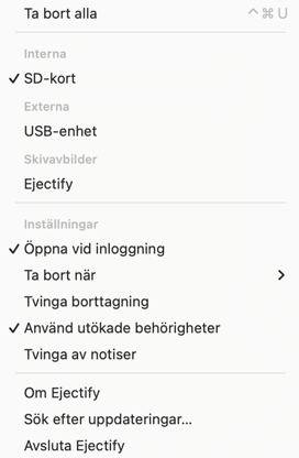 The Ejectify menu bar menu showing its configuration options.