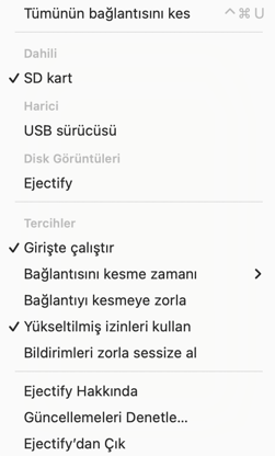 The Ejectify menu bar menu showing its configuration options.