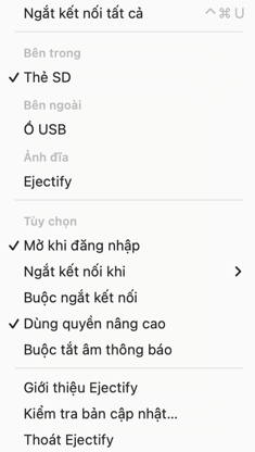 The Ejectify menu bar menu showing its configuration options.