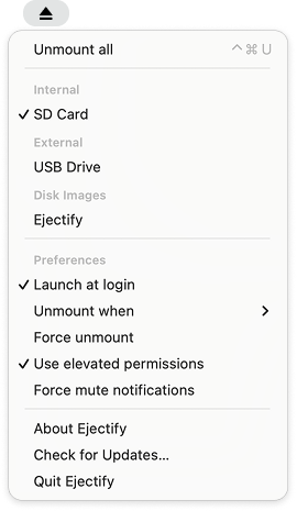 The Ejectify menu bar menu showing its configuration options.